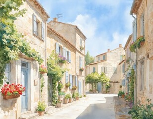 Fototapeta premium Quaint European village street with stone building featuring red flower baskets. Charming door and window on old stone house. White building with blue roof and flower boxes lining windows.