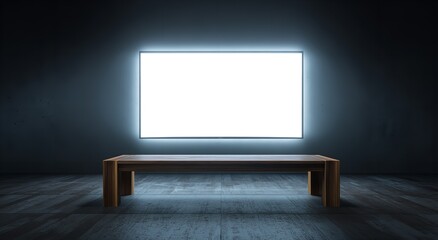 Lighted wall display with wooden table in a dark interior space.