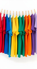 Colorful t-shirts hanging on clothesline with wooden pins, arranged in rainbow gradient on white background.