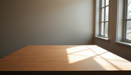 Fototapeta premium Minimalist wooden desk bathed in morning sunlight, offering a clean and inspiring workspace.