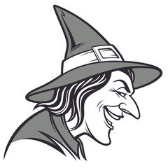 Illustration of a witch with a tall hat and a long nose smiling maliciously in grayscale style image