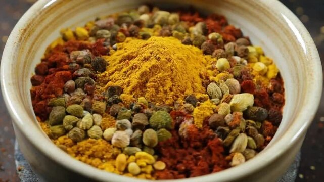 Video 4k spice blend bowl turmeric seasonings flavor aroma cooking ingredient culinary food powder mix herbs