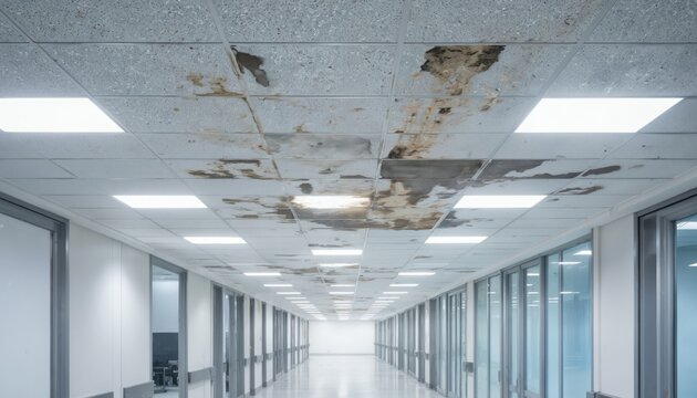 Long, empty office corridor with water damage ceiling tiles, mold stains, poor maintenance. Hallway features white paint walls, gray floor tiles, closed door, fluorescent lights. Aged, neglected