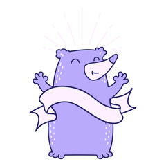 scroll banner with tattoo style happy bear in bright neon color