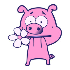 happy cartoon pig in bright neon color