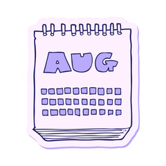 sticker of a cartoon calendar showing month of august in bright neon color