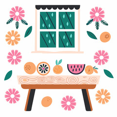 Wooden table with flowers and framed pictures