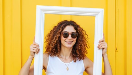 Woman with curly hair wearing sunglasses holds white frame with black border. Yellow background adds vibrant color to everyday scene. Person position and frame are tilted to right.