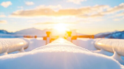 Sunrise over snowy landscape with pipes and mountains in view
