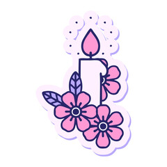 sticker of tattoo in traditional style of a candle and flowers in bright neon color