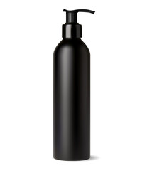 Black plastic airless pump bottle. Shampoo dispenser mockup, vector blank. Realistic tube tin design, gel lotion or cream package. Bath product packaging, skin moisturizer or hair care serum