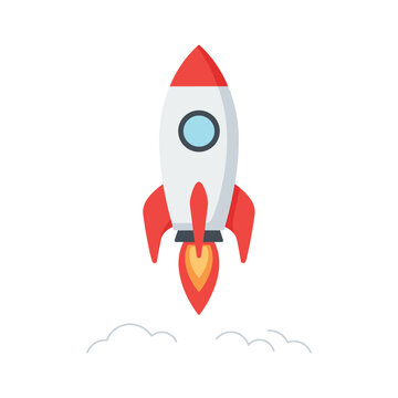 Red and white rocket launching with flames and smoke &ndash; stock vector in colorful flat style