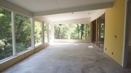 Fototapeta premium Spacious sunlit room with large windows overlooking a forested area