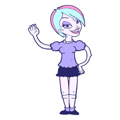 cartoon waving woman in bright neon color