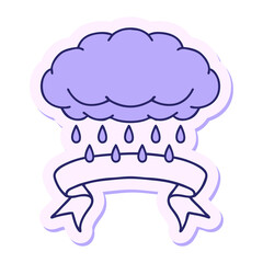 tattoo style sticker with banner of a cloud raining in bright neon color