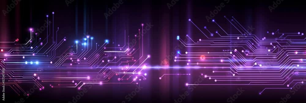 Poster abstract vector circuit board background with blue and red light effect on a dark purple background,