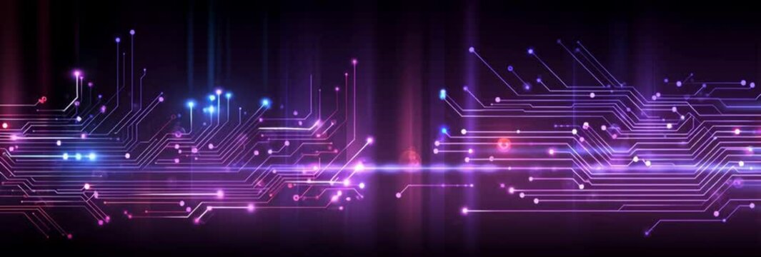 Abstract vector circuit board background with blue and red light effect on a dark purple background, a technology banner design for a website layout template Generative AI