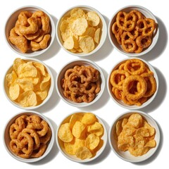 Nine bowls with assorted crunchy snacks in white background. Golden-yellow, dark-roasted, potato chips, pretzels, crispy, savory, finger foods, appetizers, party, delicious, tasty, textures, variety,