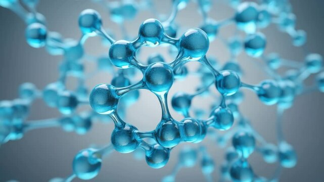 Blue transparent molecule structure, hyaluronic acid and collagen peptides, amino acids complex concept, biotechnology skincare background, cosmetic beauty serum, molecular research innovation