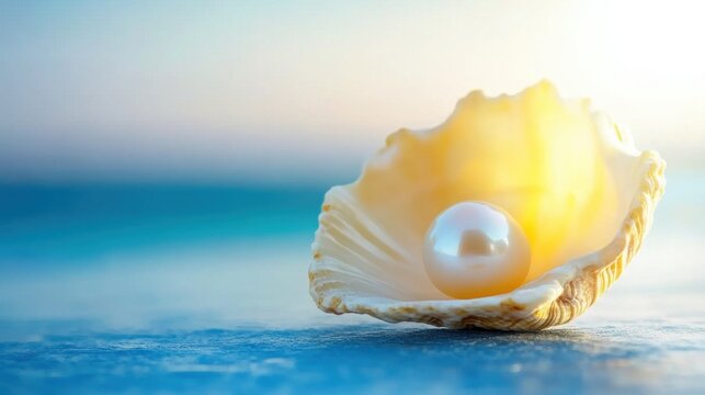 Natural pearl resting in a seashell illuminated by sunlight by the beach