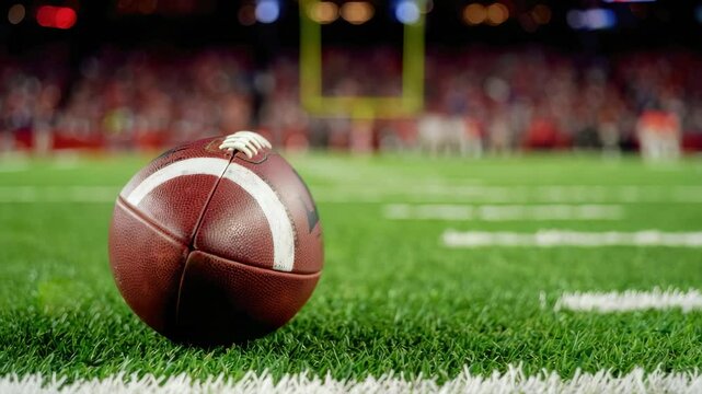 American football ball, stadium field background, sports competition concept, game preparation, team sport equipment, touchdown goal post, athletic event atmosphere, professional league match