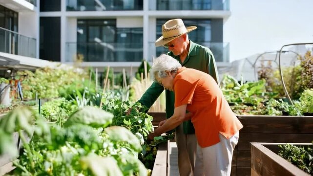 Senior couple gardening in urban community garden, elderly people planting vegetables, sustainable lifestyle concept, healthy food growing, retirement hobby, green city living