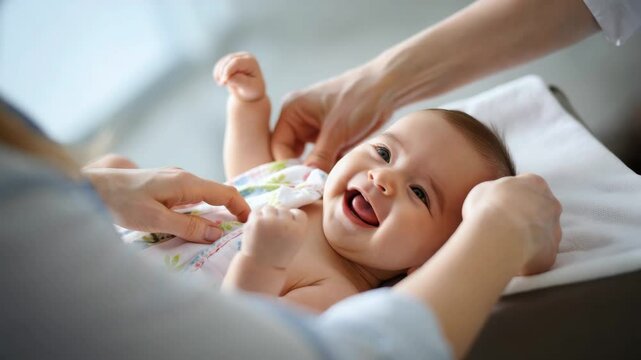 Happy baby smiling while being dressed, infant care and parenting concept, cheerful child lying on changing table, early development, family love and bonding, newborn happiness