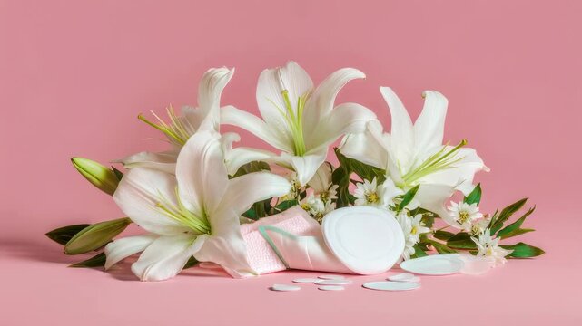 A minimalist display featuring a discreet assortment of feminine hygiene items such as menstrual cups and panty liners nestled amongst vibrant white lily blossoms on a gentle pink backdrop