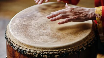 Hands playing traditional drum in rhythmic sequence capturing musical vibrance and cultural expression