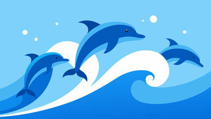 Fototapeta premium Cute blue dolphins swimming and jumping in the ocean waves