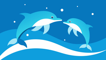 Fototapeta premium Cute marine animals: two dolphins jumping in the blue ocean waves