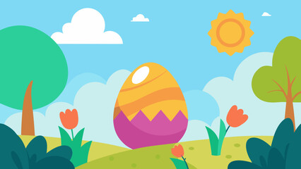 Nature's vibrant illustration: a spring vector landscape with trees, flowers, and a summer sky, or an autumn meadow under cloudy skies, all perfect for Easter designs