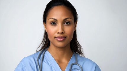 A compassionate healthcare professional embodies a sense of care and expertise, gazing with a gentle yet focused expression, reflecting the dedication and professionalism.