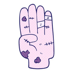 freehand drawn cartoon injured hand in bright neon color