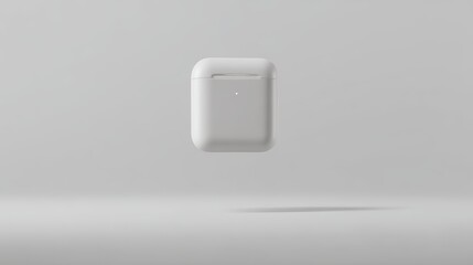 A minimalist studio shot features a modern, pristine wireless earbud case. showcasing a sleek design. The image embodies simplicity and modern technology.