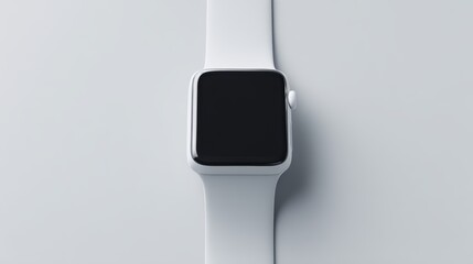 A sleek smartwatch, captured in a minimalist, top-down perspective, showcasing a clean design, it epitomizes modern technology, conveying simplicity and innovation.