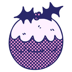 comic book style quirky cartoon christmas pudding in bright neon color