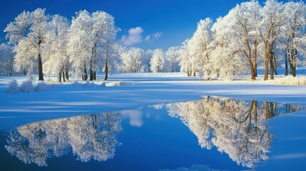 Photo of snowcovered trees reflect in a calm blue lake on a bright winter day