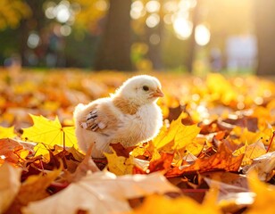 Baby chick in autumn leaves