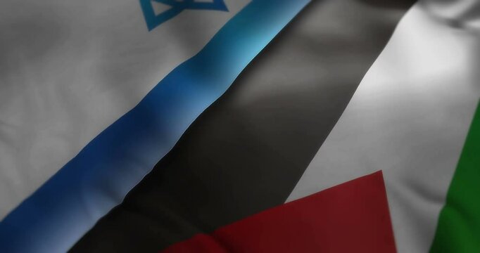 Israel and Palestine waving flags looping. Gaza Strip symbols banner blowing in the wind seamless and looped concept animation.