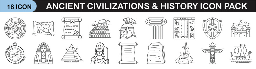 Ancient Civilizations and History Icon Set - Line icon pack of 18 illustrations representing ancient cultures, artifacts, architecture, mythology, and historical monuments across civilizations.
