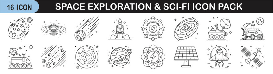 Space Exploration and Sci-Fi Icon Set - Futuristic icon pack of 15 thin-line illustrations featuring rockets, planets, alien worlds, satellites, rovers, and science fiction elements.
