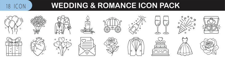 Fototapeta premium Wedding and Romance Icon Set for Love-Themed Designs - Elegant icon pack of 18 thin-line illustrations featuring wedding elements, romantic symbols, couples, flowers, rings, and celebration items. 