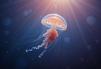 Fototapeta premium A jellyfish drifting in open Red Sea water, transparent body catching light rays, minimalistic clear composition.