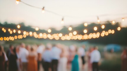 Evening gathering under string lights at an outdoor celebration