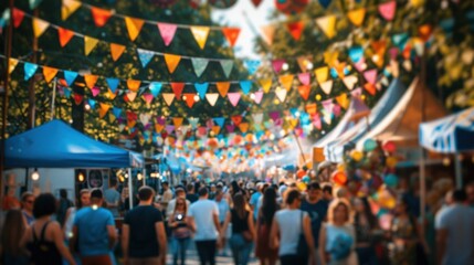 Colorful street festival with banners and crowds enjoying summer activities