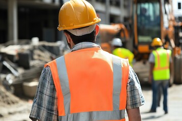 Back view of construction worker wearing helmet and safety vest on site. Realistic style for construction industry promotion, safety training materials, occupational posters, or website designs convey