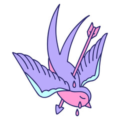 tattoo in traditional style of a swallow crying in bright neon color