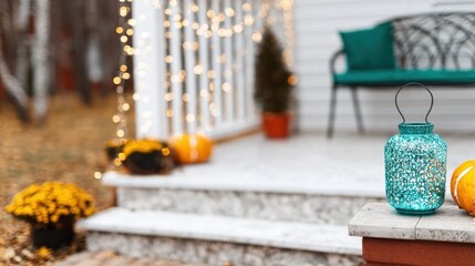 Obraz premium Charming autumn porch decor with pumpkins and festive lights at twilight