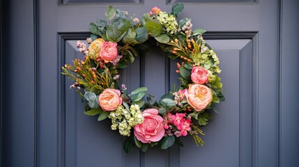 Naklejka premium Photo of a beautiful pink floral wreath hangs on a modern blue paneled door